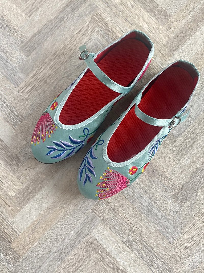 チャイナシューズ  / 刺繍靴 /  ネムノキ - バレエシューズ - コットン・麻 グリーン