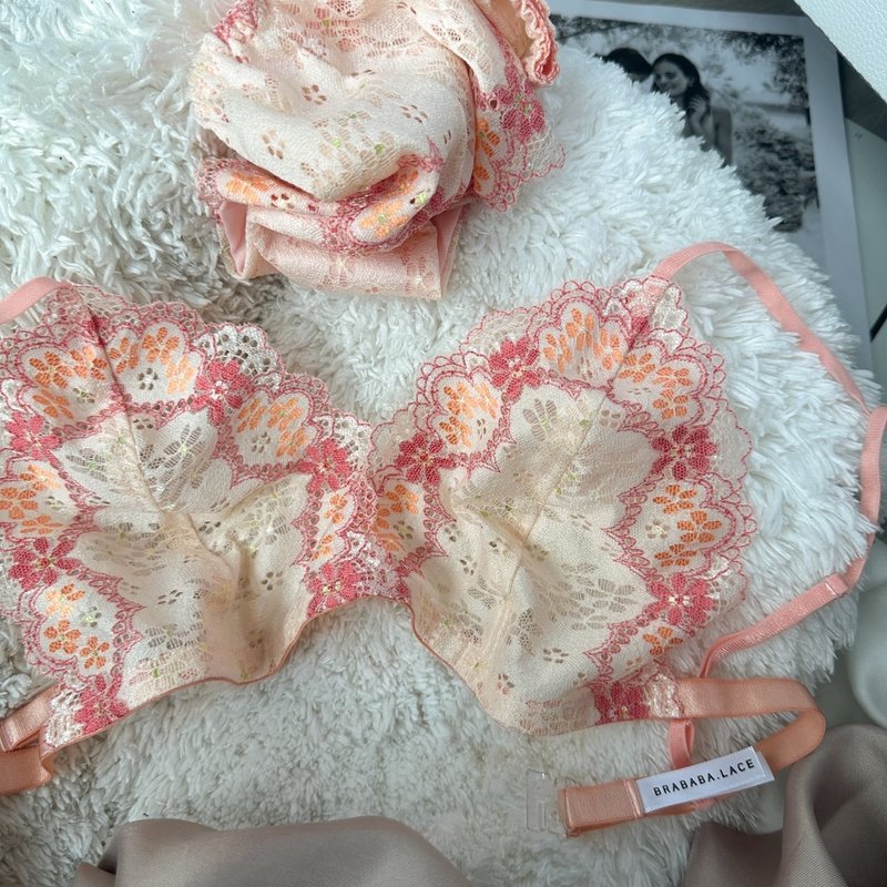 set (bra + panties) peach orange, red lace edge, basic see-through - Women's Underwear - Other Materials 