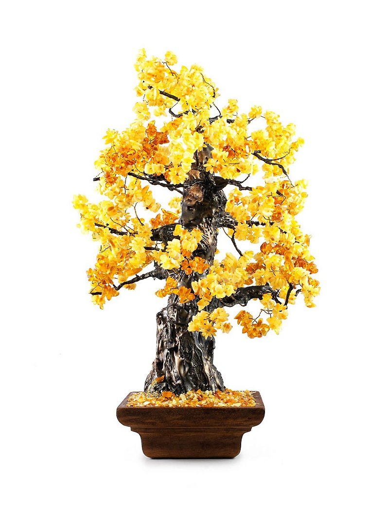 Beautiful money tree made of natural amber on wooden stand|The talisman tree gif - Items for Display - Wood Brown
