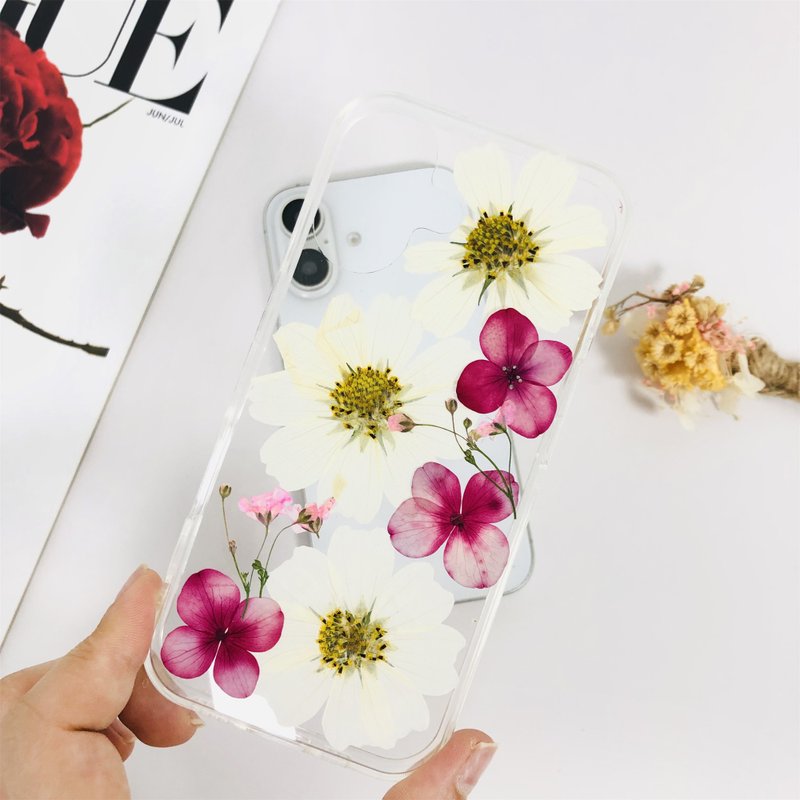 White Chrysanthemum Pink Flower Pressed Flower Phone Case iPhone 16 Samsung S25 - Phone Cases - Plants & Flowers 