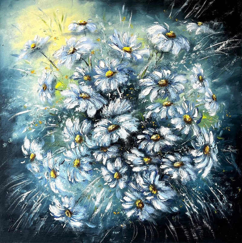 Daisy Painting Flowers Original Artwork Floral Wall Art 40x40 cm/16 by16 inch - 海報/掛畫/掛布 - 棉．麻 多色