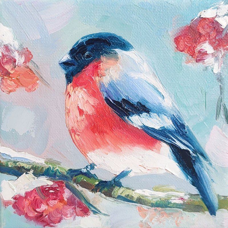 Bullfinch Oil Painting Bird Small Art Bird Artwork Bullfinch Painting Bird Art - ตกแต่งผนัง - วัสดุอื่นๆ 