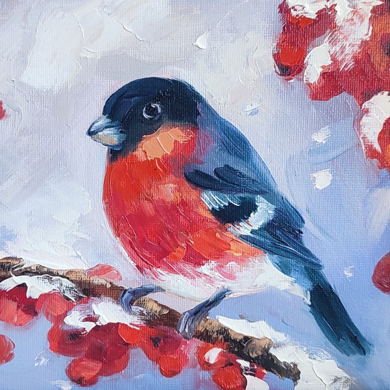 Bullfinch Oil Painting Bird Small Art Bird Artwork Bullfinch Painting Bird Art - 壁貼/牆壁裝飾 - 其他材質 