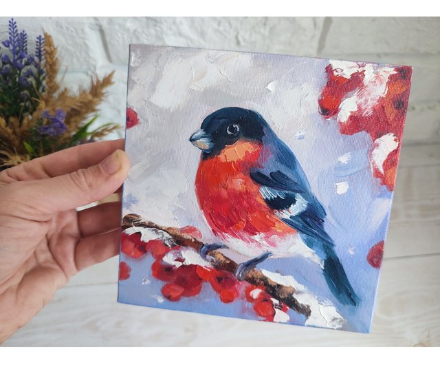 ウソの油絵鳥の小さなアート鳥のアートワーク ウソの絵画鳥の