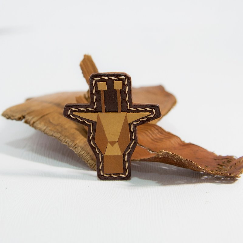 <Puzzle Series>  leather Pin - Brown Giraffe - Brooches - Genuine Leather Brown