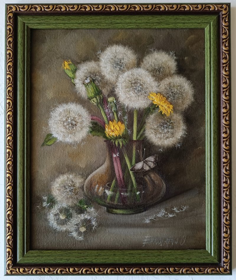 Bouquet of dandelions in vase oil painting 20*25 cm - ตกแต่งผนัง - วัสดุอื่นๆ สีเขียว