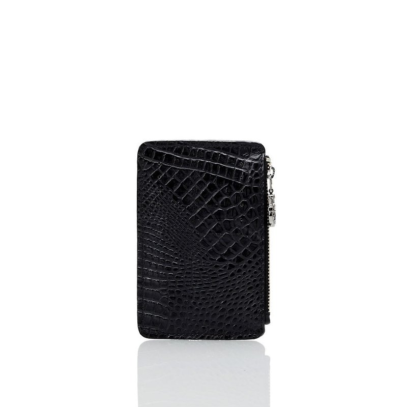 ブラッククロコダイルレザー8カード財布+ブラックミドルロープキーリング - 小銭入れ - 紙 ブラック