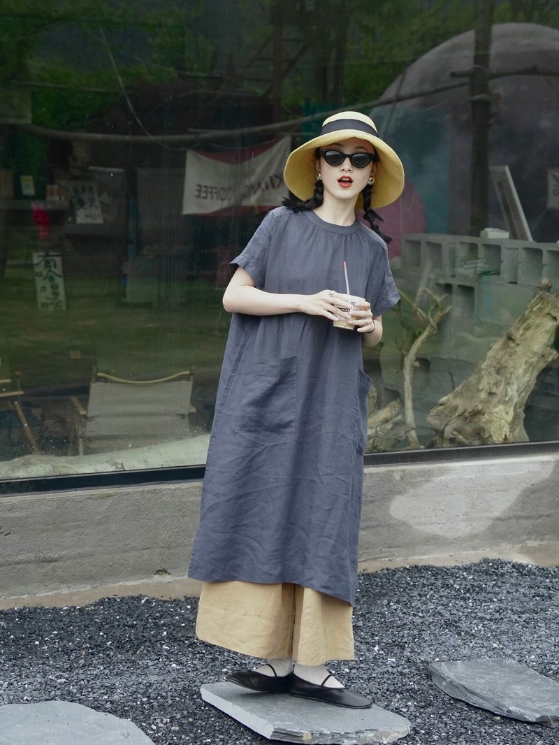 Apricot Summer Short Sleeve Linen Dress Crew Neck Robe - One Piece Dresses - Linen White