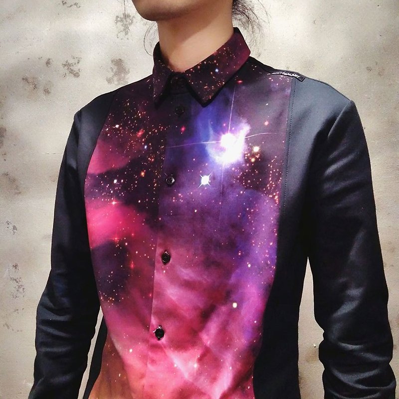 中性極簡銀河印花拼接襯衫(男) Ray77 Galaxy - 男襯衫/休閒襯衫 - 聚酯纖維 黑色
