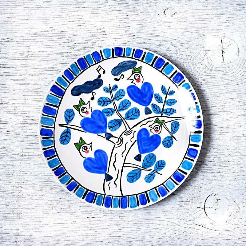 Blue heart bird picture plate talking on the treetop - Small Plates & Saucers - Porcelain Blue