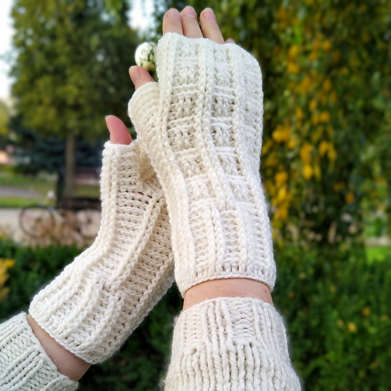 Fingerless gloves womens wool, White winter fingerless mittens crochet - Gloves & Mittens - Wool White