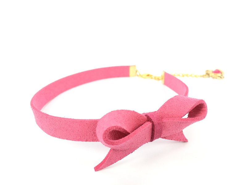 Peach suede bow necklace - Necklaces - Genuine Leather Pink
