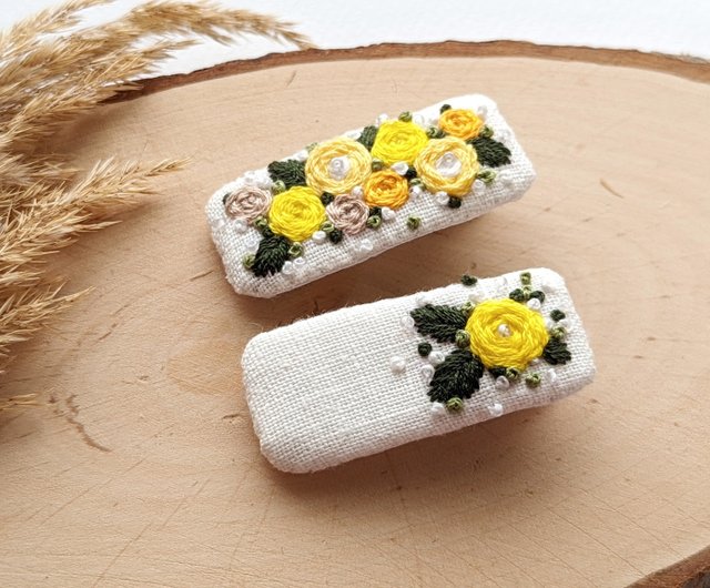 刺繍入りヘアクリップ フラワー ベビーバレッタ イエローフラワークリップ 2個セット