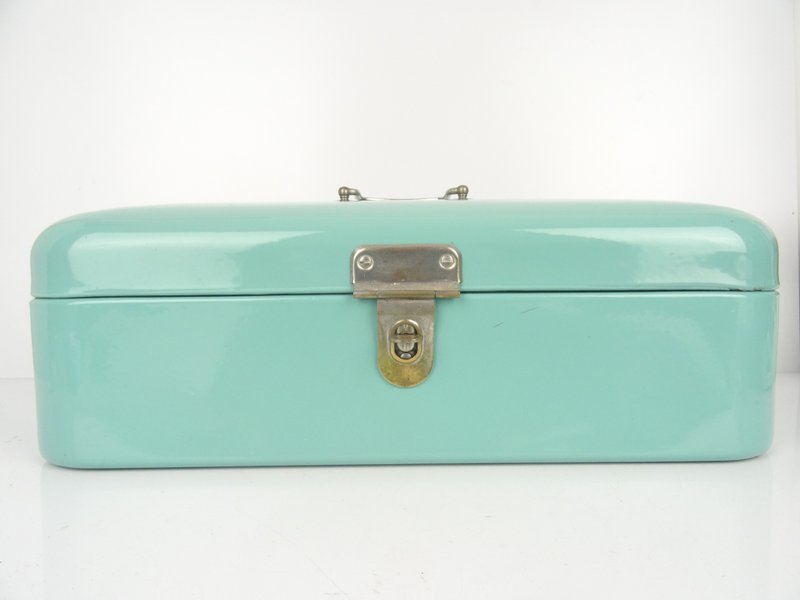 Vintage Antique Bread Box Bin Enamel Enamelware Dutch Large Turquoise - Storage - Enamel Green