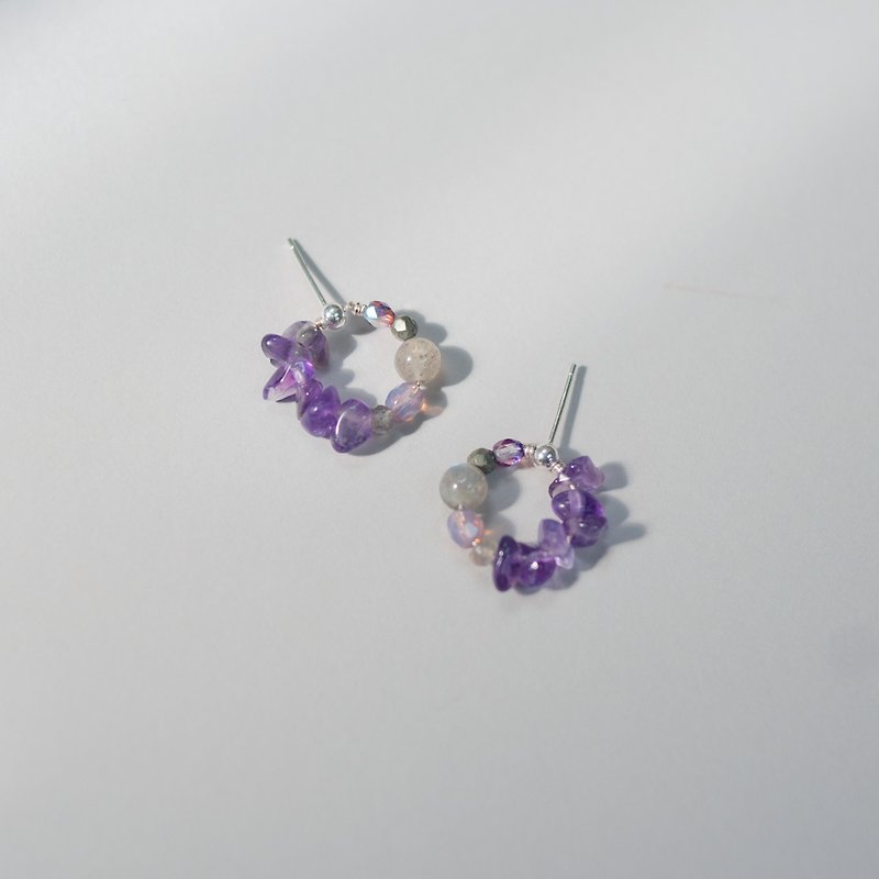 Purple Small Wreath and Crystal Bead Hoop Earrings - Earrings & Clip-ons - Crystal Purple
