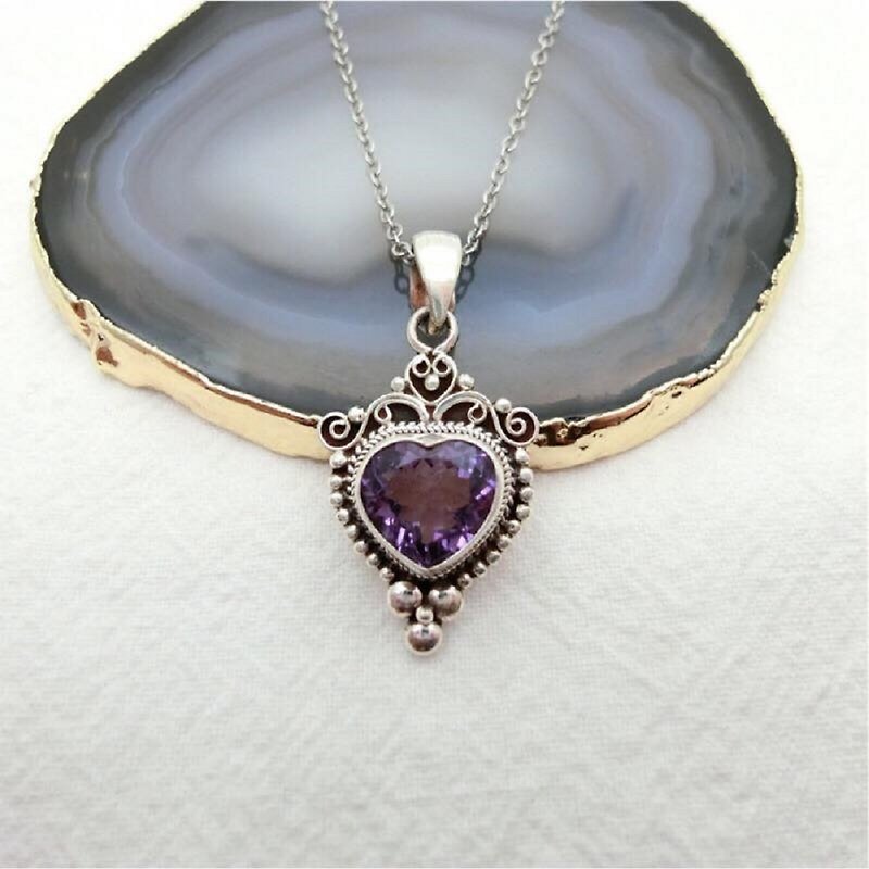 Amethyst 925 sterling silver heart-shaped vintage baroque necklace Nepal handmade silverware - Necklaces - Gemstone Silver