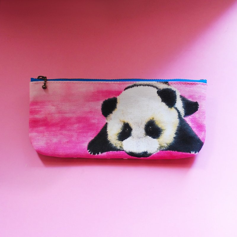 Cute black and white Langjun panda pencil case - กล่องดินสอ/ถุงดินสอ - ผ้าฝ้าย/ผ้าลินิน สึชมพู
