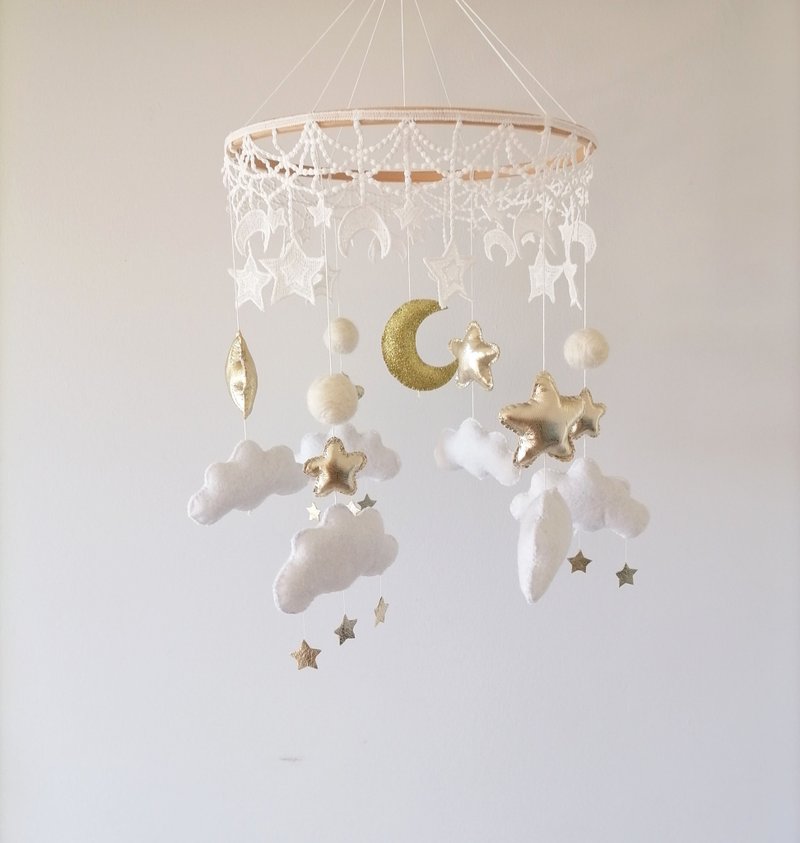 Baby Mobile For Nursery Gold Star Moon, Neutral Crib Mobile,Clouds Cot Mobile - Kids' Toys - Other Materials 