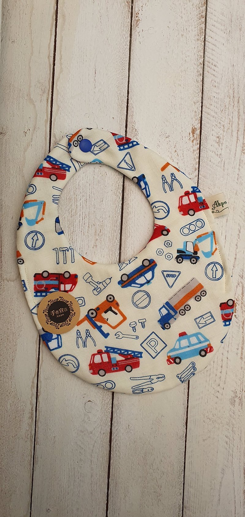 (Engineering Vehicle Collection-Beige) Double-sided egg-shaped bib with double yarn 100% cotton. Saliva towel - Bibs - Cotton & Hemp White
