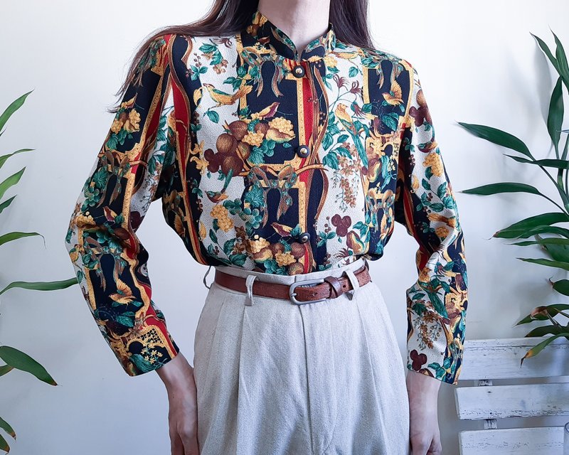 復古 1980 年代新奇動物印花襯衫果鳥花卉巴洛克印花上衣 - 女上衣/長袖上衣 - 聚酯纖維 多色