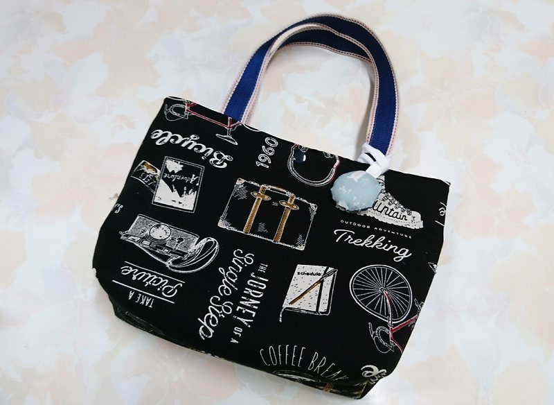 Black travel suitcase, bike pattern handbag - Handbags & Totes - Cotton & Hemp Black