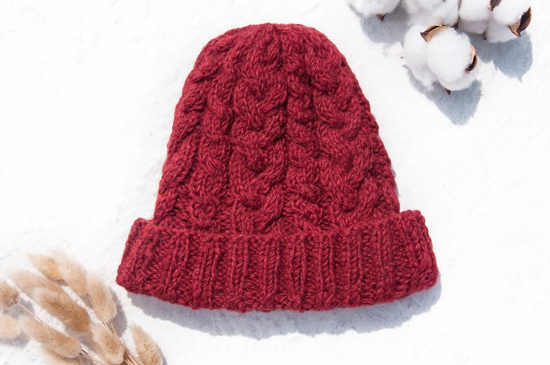 手工編織純羊毛帽/編織帽/針織毛帽/內刷毛手織毛帽/毛線帽-紅色 - 帽子 - 羊毛 紅色