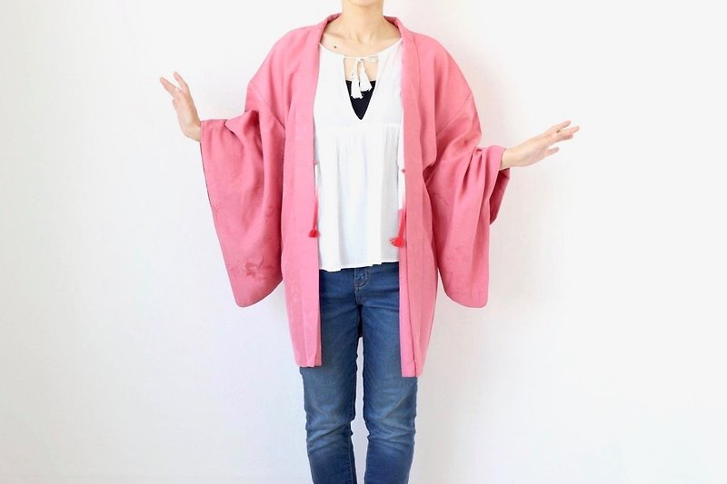 pink kimono, haori, kimono jacket, Japanese kimono, vintage kimono /2612 - Women's Casual & Functional Jackets - Silk Pink