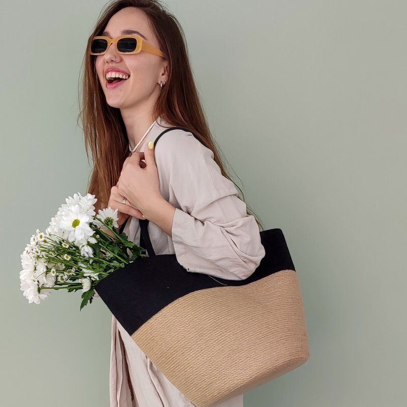 Large handmade jute and cotton bag - Handbags & Totes - Cotton & Hemp Black