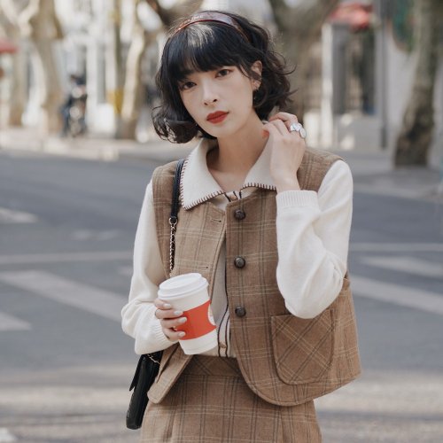 ブラウンとオレンジのチェック柄スーツベストベスト|ベスト|冬の春