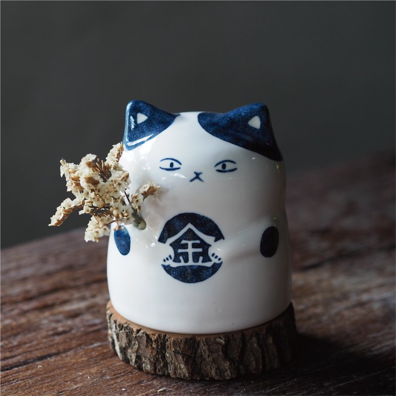 【好運貓系列】金來貓 祝福花器 / 招財祈福 / 可插乾燥花 - 花瓶/花器 - 瓷 藍色