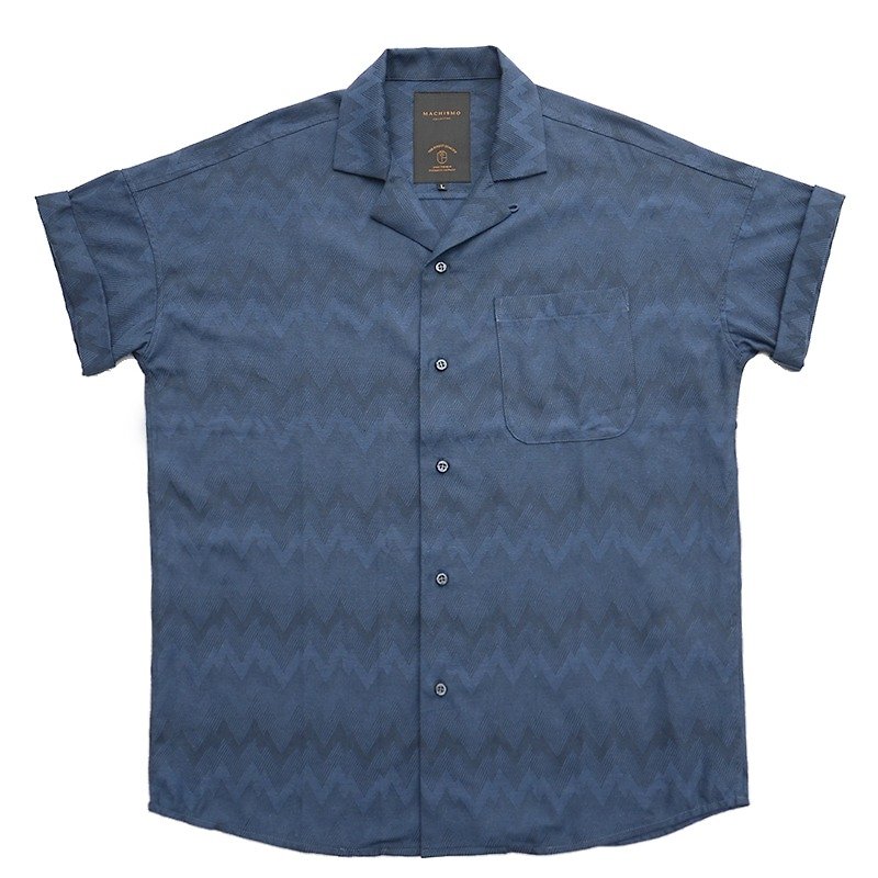 深藍色 復古 古巴領 摺袖 電波紋 短袖 夏威夷襯衫 - 男襯衫/休閒襯衫 - 棉．麻 藍色