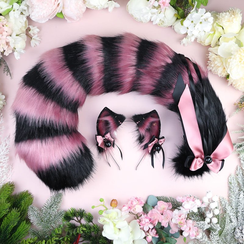 Dark Mauve Cheshire Cat Ears and Tail Set Faux Fur Ears and Tail Set - 髮夾/髮圈 - 其他人造纖維 黑色
