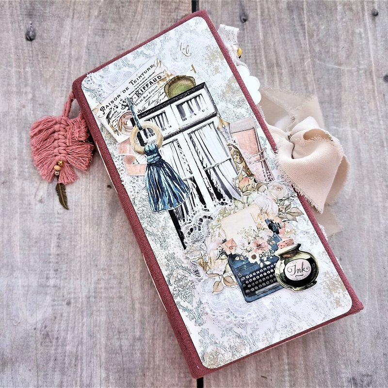 Junk journal handmade roses Romantic notebook diary Lace vintage book completed - 筆記本/手帳 - 紙 粉紅色