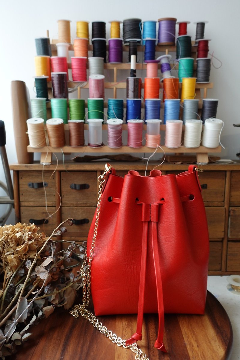 [Small version of Cubo Bolsa] hand-stitched leather red 2 bucket bag side backpack by Fabula - Messenger Bags & Sling Bags - Genuine Leather Red