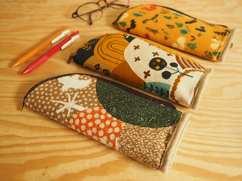 棉．麻 筆盒/筆袋 橘色 - 英國製作 和風圓形幾何直立式筆袋 眼鏡袋 餐具袋 化妝袋