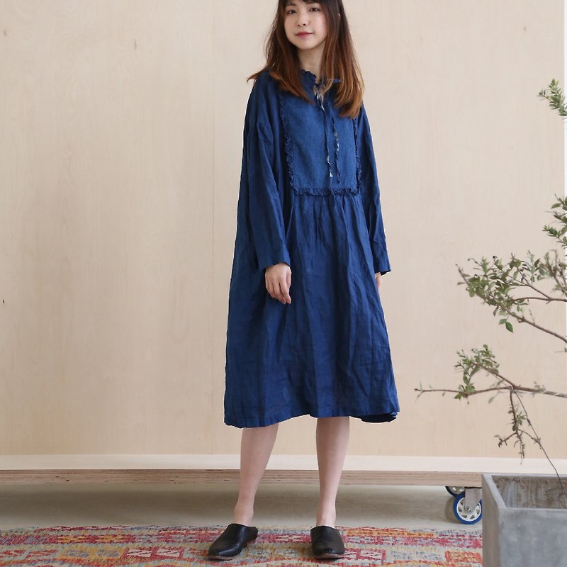 藍染亚麻野餐裙 夏日清晨系列 - 連身裙 - 棉．麻 藍色