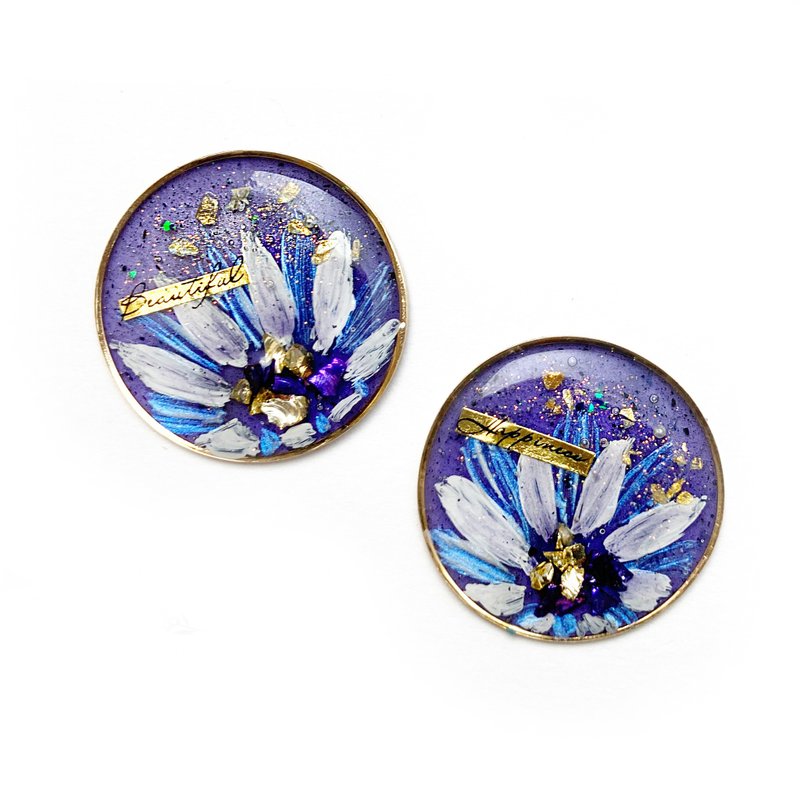 Japanese resin hand-painted round purple flower earrings - Earrings & Clip-ons - Resin Purple