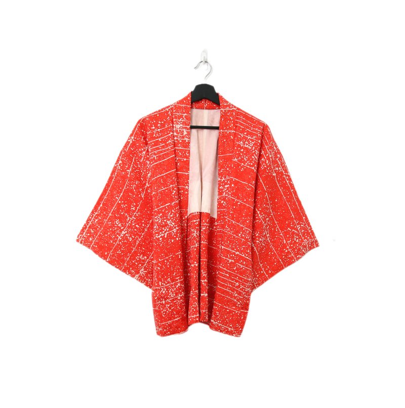 Back to Green-日本帶回羽織 白色潑墨 鮮紅kb-71/vintage kimono - 女大衣/外套 - 絲．絹 