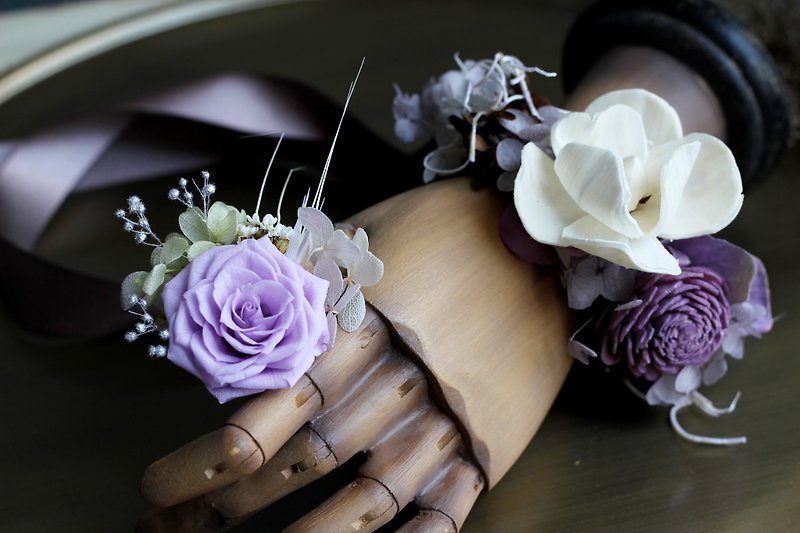 手腕花與戒指花【優惠組合系列】薔薇 / 紫色、粉色 - 手鍊/手鐲 - 植物．花 紫色