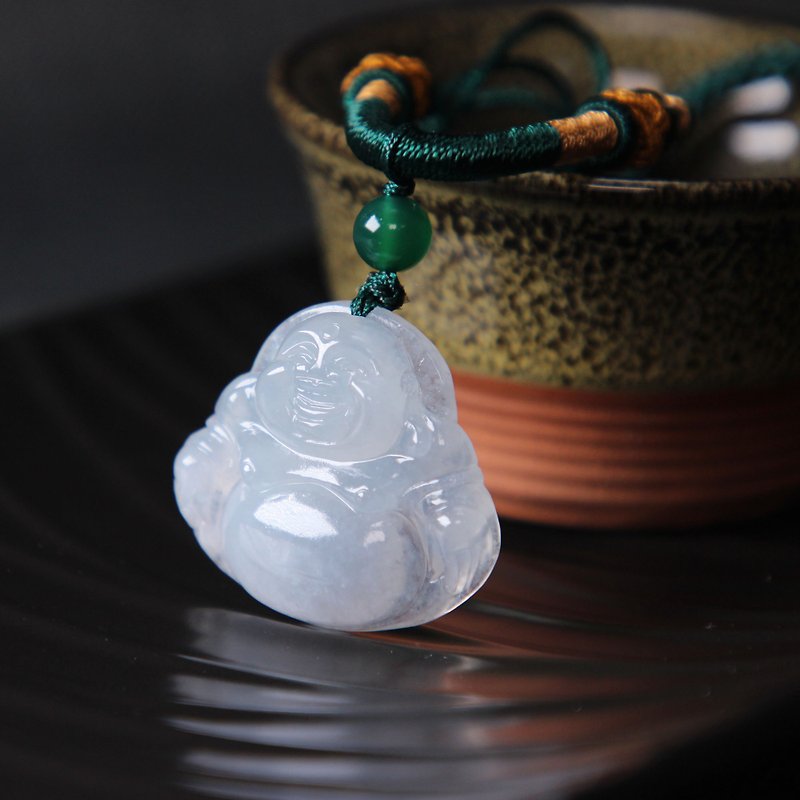 Emerald A Cargo Big Belly Laughing Buddha Pendant Necklace with Certificate Ice Waxy Light Green Body Protection and Evil Transport Portable Pendant - สร้อยข้อมือ - หยก 