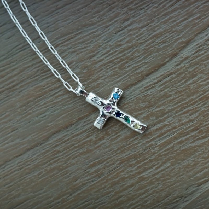 Colorful Sparkling Cross Necklace - Necklaces - Other Metals Silver