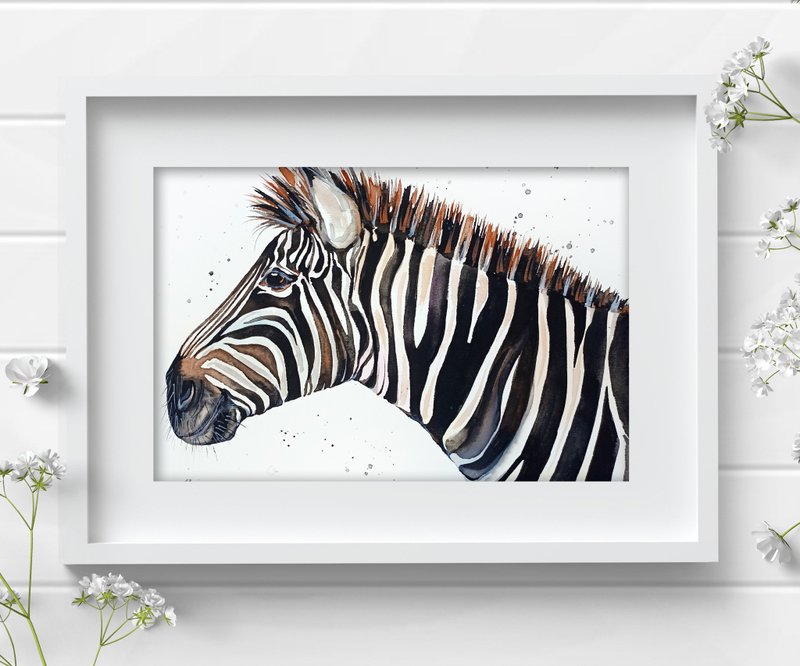 Zebra watercolor original animal painting 8x11 inch by Anne Gorywine - Wall Décor - Paper Silver