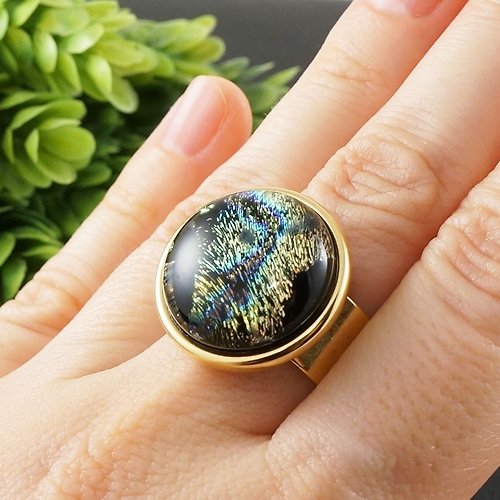 AGATIX Dichroic Glass Adjustable Ring Black Teal Blue Green Round Golden Ring Jewelry