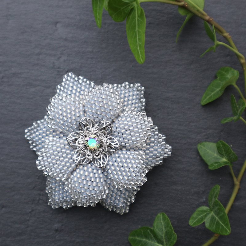 Beaded Flower Brooch (Ice Blue) - Brooches - Glass Blue