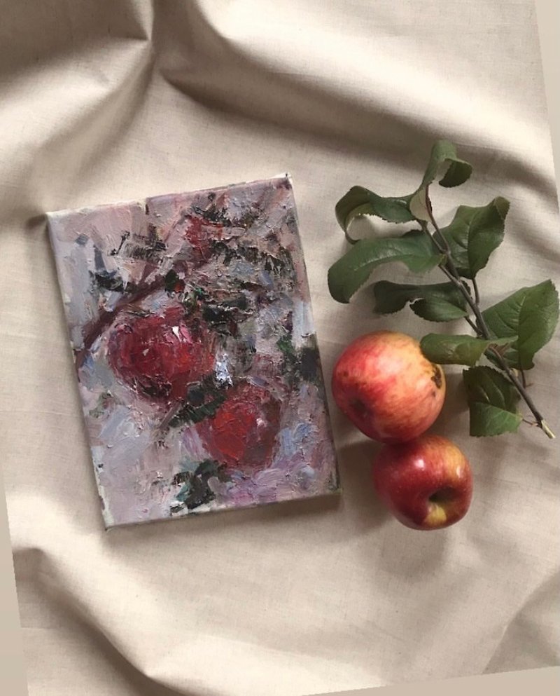 Beautiful still life with apples in oil on canvas original - โปสเตอร์ - ผ้าฝ้าย/ผ้าลินิน หลากหลายสี