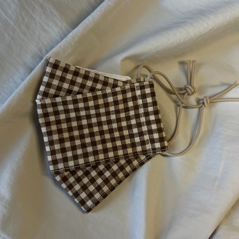 Coffee plaid 3D handmade cloth mask [Handmade in Taiwan] - หน้ากาก - ผ้าฝ้าย/ผ้าลินิน สีน้ำเงิน