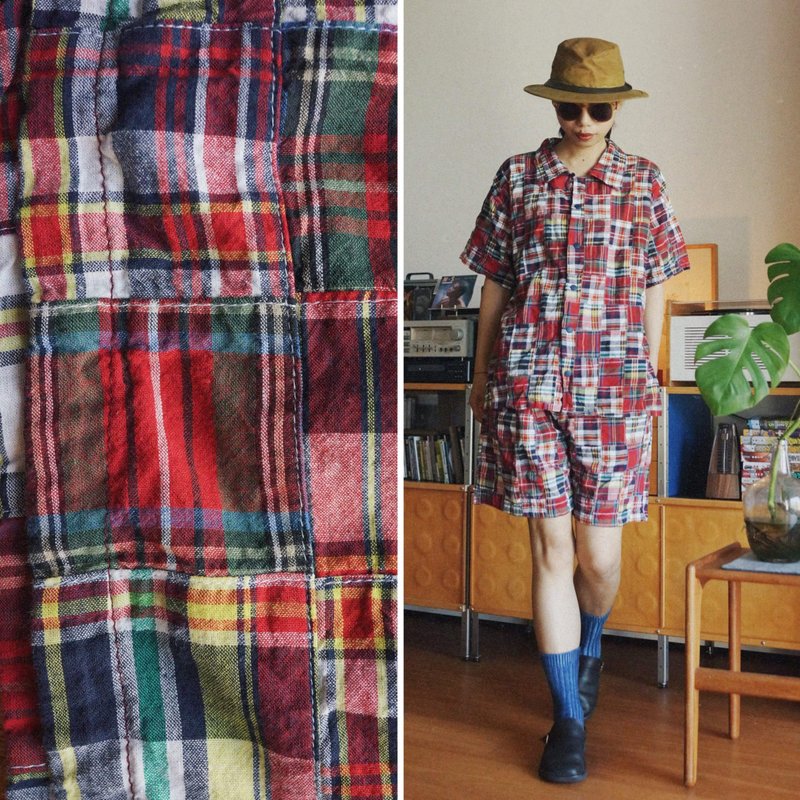 馬德拉斯格紋古巴領短袖襯衣 patchwork彩色格子純棉拼布 - 女襯衫 - 棉．麻 紅色