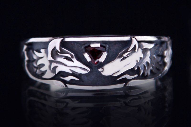 Silver ring wolf and fox with gem stone - General Rings - Sterling Silver Silver