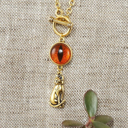 AGATIX Orange Fire Red Glass Cat Eye Evil Eye Gold Cat Protection Necklace Jewelry Gift