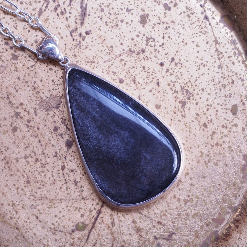 大顆銀曜石 手工純銀 項鍊 辟邪寶石 Silver Sheen Obsidian - 項鍊 - 半寶石 銀色